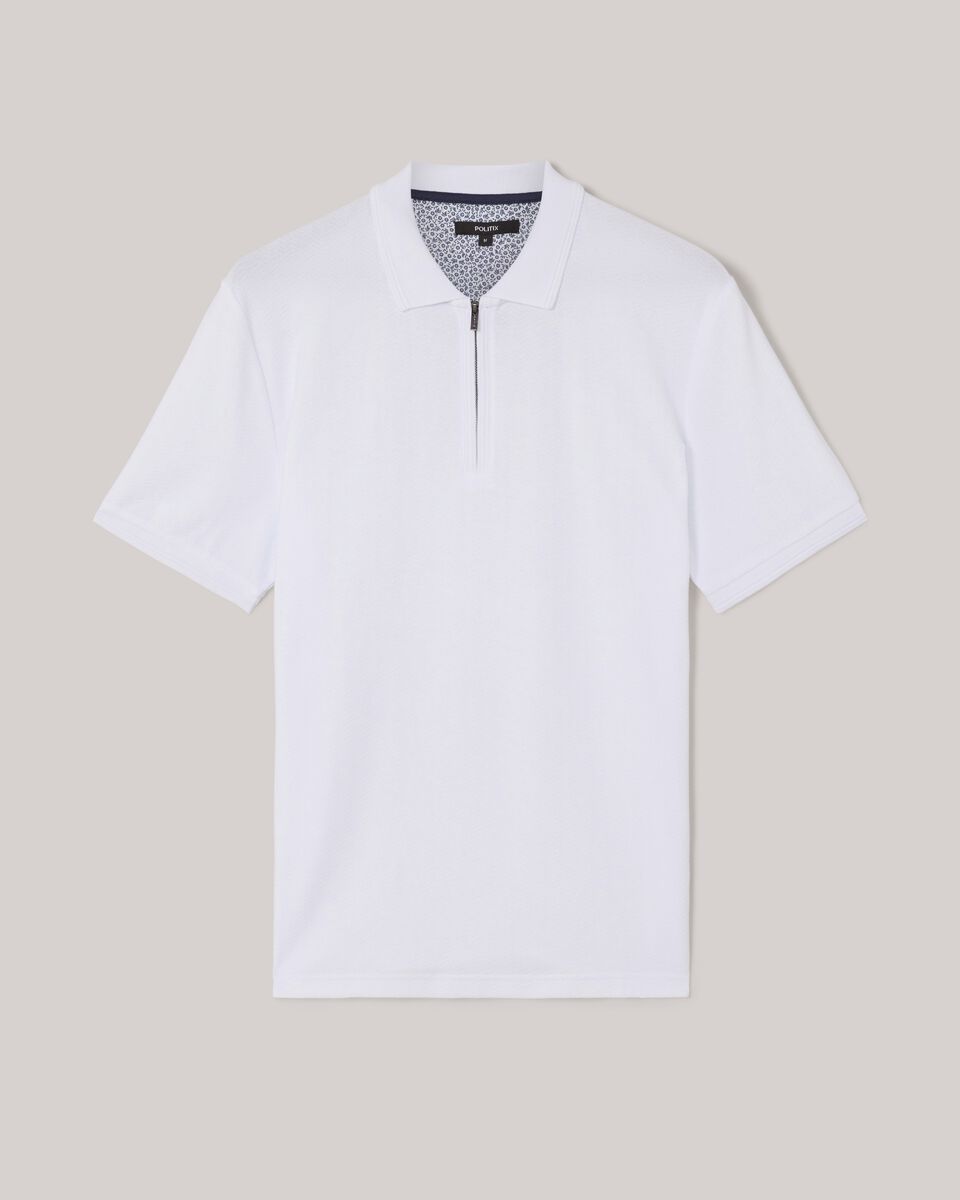 Textured Zip-up Polo, White, hi-res